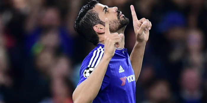 Chelsea's Diego Costa celebrates scoring his side's third goal of the match during the UEFA Champions League match at Stamford Bridge, London.