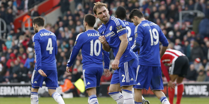 Chelsea's Branislav Ivanovic celebrates scoring his sides second goal of the game during the Barclays Premier League match at the St Mary's Stadium, Southampton.