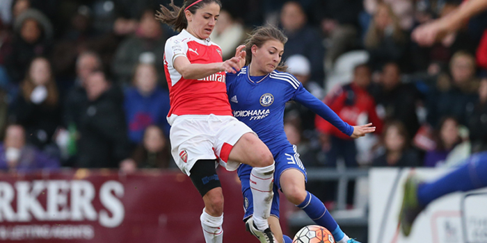 "BOREHAMWOOD, ENGLAND - APRIL 21: Danielle van de Donk of Arsenal and Hannah Blundell of Chelsea during the WSL match between Arsenal Ladies FC and Chelsea Ladies FC at Meadow Park on April 21, 2016 in Borehamwood, England. (Photo by Alex Morton - The FA/The FA via Getty Images)"
