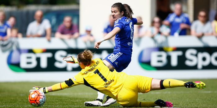 "STAINES, ENGLAND - MAY 08: Karen Carney of Chelsea scores their first goal past Siobham Chamberlain of Liverpool during the FA WSL 1 match between Chelsea Ladies and Liverpool Ladies at the Wheatsheaf Park on May 8, 2016 in Staines, England. (Photo by Christopher Lee - The FA/The FA via Getty Images)"