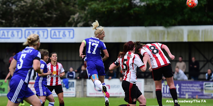 "STAINES, ENGLAND - MAY 25: Katie Chapman of Chelsea Ladies FC scores her team's first goal during the FA WSL 1 match between Chelsea Ladies FC and Sunderland Ladies at Wheatsheaf Park on May 25, 2016 in Staines, England. (Photo by Alex Broadway - The FA/The FA via Getty Images)"