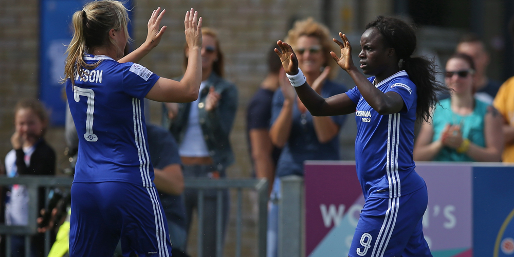 STAINES, ENGLAND - MAY 25: Eniola Aluko of Chelsea Ladies FC (R) celebrates scoring a goal during the FA WSL 1 match between Chelsea Ladies FC and Birmingham City Ladies at Wheatsheaf Park on May 25, 2016 in Staines, England. (Photo by Steve Bardens - The FA/The FA via Getty Images)