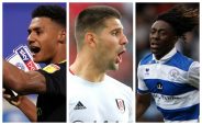 Ollie Watkins of Brentford, Aleksandar Mitrovic of Fulham and Ebere Eze of QPR