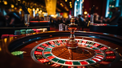 Close-up of a roulette wheel in a casino with colorful gambling chips in the background and a blurred bustling casino atmosphere.